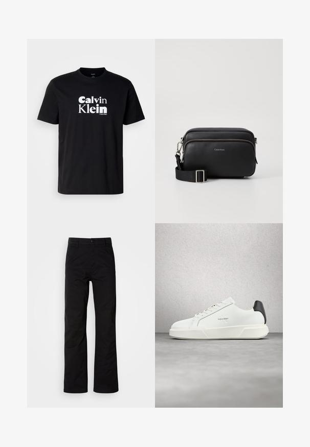 Čierne bavlnené tričko s výrazným bielym logom "Calvin Klein", okrúhly výstrih, krátke rukávy a klasický strih.; Čierne bavlnené nohavice s rovnými nohavicami, s gombíkovým zapínaním a pútkami na opasok. Hladká textúra a minimalistický štýl bez viditeľných vzorov.; Biele tenisky s hladkým koženým zvrškom, plochými šnúrkami a vyvýšenou bielou podrážkou. Sú doplnené čiernym akcentom na päte a vyrazeným logom.; Čierna kožená crossbody taška s dvoma zipsovými oddeleniami, textúrovaný povrch, nastaviteľný popruh a strieborné kovové akcenty. Zobrazené logo Calvin Klein.
