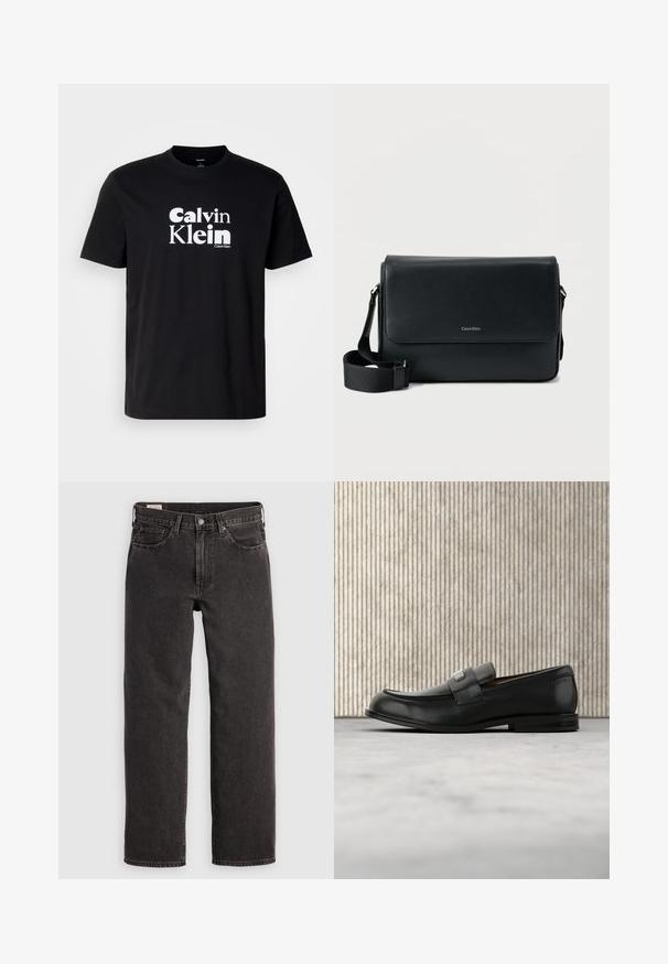 Čierne bavlnené tričko s výrazným bielym logom "Calvin Klein", okrúhly výstrih, krátke rukávy a klasický strih.; Čierne denimové džínsy so strižou rovného strihu, piatimi vreckami a kovovým hardvérom. Tkanina má jemnú textúru a jednofarebný povrch.; Čierny kožený loafer s kovovou značkovou platničkou ležiaci pri hnedom okrúhlom stole na béžovej koberci.; Čierna kožená messenger taška s textúrovaným povrchom, nastaviteľným popruhom a predným klopou s jemným logom. Kompaktný a obdĺžnikový tvar.