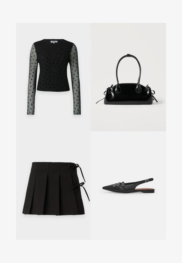 Haut noir à manches longues avec des manches en maille transparente, présentant un motif texturé de petites formes florales noires. Encolure ronde, coupe cropped.; Jupe plissée noire avec des liens sur les côtés, fabriquée dans un tissu à la texture lisse ; elle présente un design structuré et des lignes épurées.; Chaussure plate noire en cuir avec un bout pointu, dotée de deux lanières horizontales et de boucles carrées en argent, avec un faible talon et une texture lisse.; Petit sac à main noir brillant avec deux longues anses et des détails à cordon sur les côtés sur un fond clair uni.