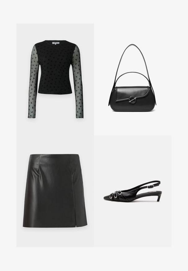 Haut noir à manches longues avec des manches en maille transparente, présentant un motif texturé de petites formes florales noires. Encolure ronde, coupe cropped.; Mini-jupe en cuir noir avec une coupe droite, texture lisse, fermeture éclair sur le côté et une fente sur un côté.; Chaussure slingback en cuir noir avec bout pointu, trois boucles argentées à l'avant et petit talon kitten sur fond blanc.; Sac à bandoulière en cuir noir avec un rabat incurvé fermé par un fermoir métallique rond et une sangle fine et ajustable.