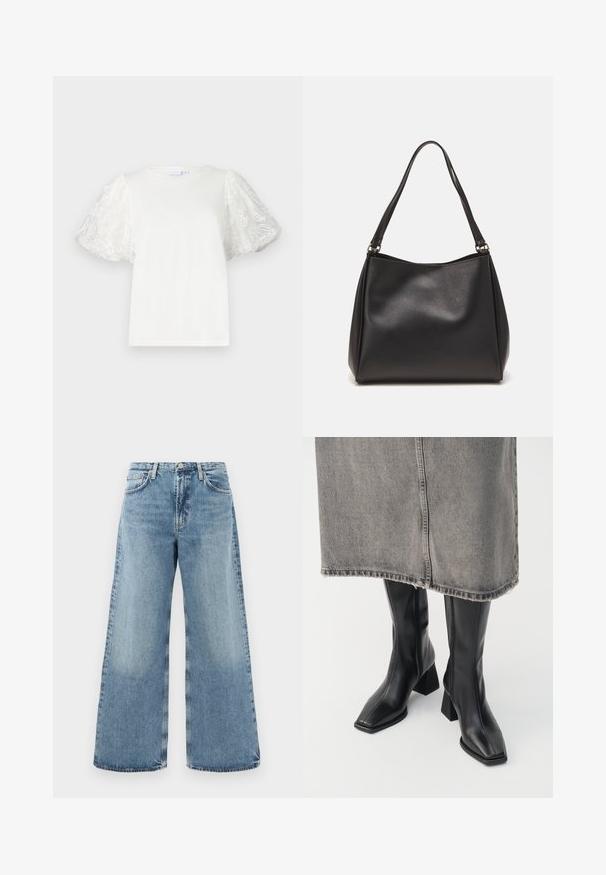 Witte t-shirt met korte, opgeblazen mouwen van doorschijnende stof met bloemenborduursels. Ronde halslijn, ontspannen pasvorm, gladde textuur.; Lichtblauwe denim wijde pijpen jeans met een hoge taille, traditionele vijf-pocketontwerp, zichtbare stiksels en een ruwe zoomafwerking.; Zwarte laarzen tot de knie van soepel leer met een vierkante neus en blokhak. Draag ze met een grijze denim rok met een rafelige zoom.; Zwarte synthetische leren handtas met een zachte textuur, hobo-vorm en dubbele schouderbanden; heeft een glanzende afwerking en een minimalistisch ontwerp.