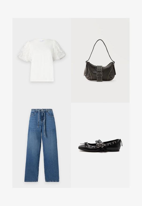 Camiseta blanca con mangas cortas y abullonadas de tela transparente que presenta bordados florales. Cuello redondo, corte relajado, textura suave.; Jeans de denim azul claro de pierna ancha con cintura alta, que presentan un cierre con lazo, dos bolsillos frontales y un patrón ligeramente deslavado.; Zapato de ballet plano negro con correas de doble hebilla, ojales plateados y un pequeño lazo cerca de la puntera redondeada sobre un fondo blanco.; Bolso de hombro de cuero negro con detalle de correa con hebilla, bordes curvos y costuras blancas en contraste sobre un fondo liso.