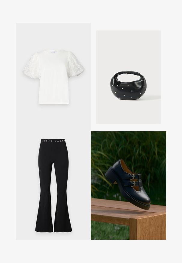 Camiseta blanca con mangas cortas y abullonadas de tela transparente que presenta bordados florales. Cuello redondo, corte relajado, textura suave.; Pantalones ajustados negros de talle alto con ojales metálicos en la cintura y piernas acampanadas.; Zapato negro de cuero con doble hebilla y detalles perforados flotando sobre un banco de madera al aire libre con césped verde y plantas al fondo.; Bolso de mano de cuero negro con forma redondeada, decorado con detalles de tachuelas plateadas y un asa corta. Textura lisa y cierre con cremallera.