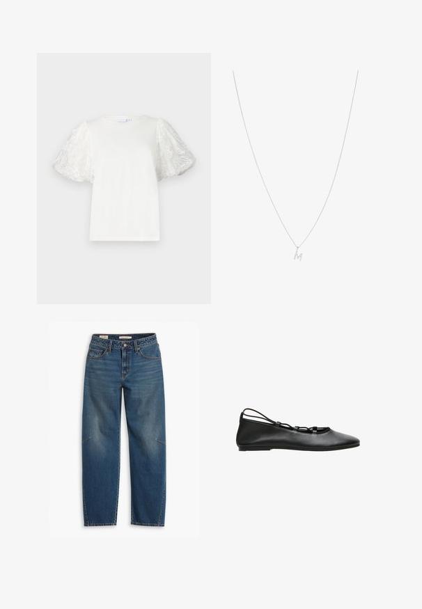 Witte t-shirt met korte, opgeblazen mouwen van doorschijnende stof met bloemenborduursels. Ronde halslijn, ontspannen pasvorm, gladde textuur.; Blauwe denim jeans met een relaxte pasvorm, voorzien van een hoge taille, rechte pijpen, zichtbare stiksels en een kleine accent op de linkerknee.; Zwarte leren ballerina met een strak ontwerp, puntige neus en decoratieve uitsnijdingen in de band aan de zijkant. Platte zool voor comfort.; Zilveren ketting met een kleine letter "m" hanger, met een gladde afwerking en een minimalistisch ontwerp. De ketting is dun en delicaat.