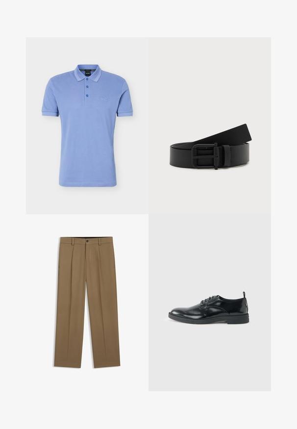 Polo à manches courtes bleu clair avec trois boutons, col, et petit logo "BOSS" brodé sur le côté gauche de la poitrine.; Pantalon droit marron avec passants de ceinture, bouton sur le devant et fermeture éclair, présenté à plat sur fond blanc.; Chaussure habillée en cuir noir brillant avec un petit talon, fermeture à lacets et bout rond, vue de côté sur un fond uni et clair.; Ceinture en cuir noir enroulée avec une boucle en métal noir mat sur fond blanc.