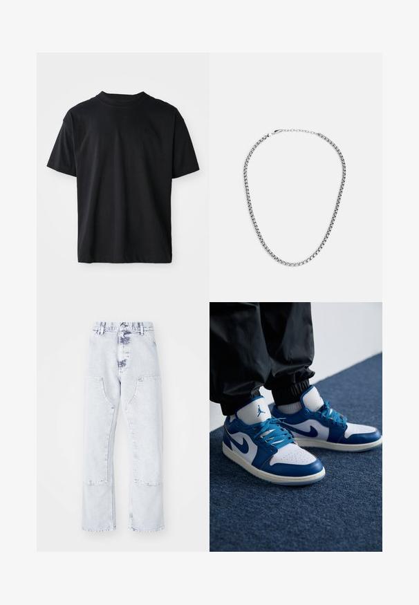 Schwarzes Crew-Neck-T-Shirt aus Baumwolle. Kurze Ärmel, Standardpassform, keine sichtbaren Muster, minimalistisches Design mit subtilen Logodetails.; Hellblaue Denim-Jeans im Straight-Leg-Schnitt mit aufgesetzten Taschen, hoher Taille und einem verwaschenen Finish. Mit tonalem Nähen und einem lässigen Schnitt.; Die Nike Air Jordan Sneakers verfügen über eine weiße Lederbasis mit blauen synthetischen Akzenten, einer perforierten Zehenbox und blauen Schnürsenkeln.; Fossil JEWELRY NECKLACE - Halskette - silver-coloured