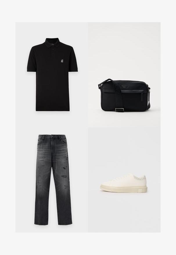 Zwarte poloshirt van zacht materiaal, voorzien van een knoopsluiting kraag, korte mouwen en een klein wit logo op de linkerborst.; Zwarte denim jeans met een relaxte pasvorm, voorzien van een vervaagd ontwerp en versleten patches. Standaard vijf-pocketstijl en een knoopsluiting.; Witte sneaker met een gladde canvas bovenkant, platte veters, gevoerde kraag en een gestructureerde grijze accent aan de achterkant. Dikke rubberen zool.; Zwarte nylon schoudertas met een contrasterende schouderband, een slank rechthoekig ontwerp, een logo-detail en een ritszak aan de voorkant.