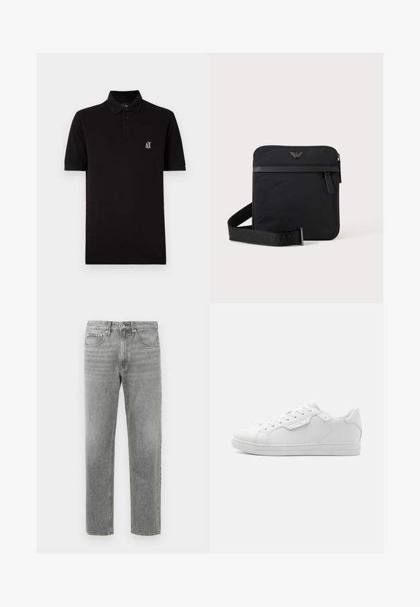 Must have pehmeast kangast must polo särk, millel on nööbid alla ja lühikesed varrukad, ning vasakul rinnal väike valge logo.; Halli denim teksad otse lõikega, klassikalise viiega tasku disainiga ning peente tuhmumise detailidega tekstuuri jaoks. Tavaline lukuga sulgemine.; Valge nahast tennisekas, millel on ümar toe, kuus silmust, lamedad paelad ja minimalistik disain. Küljel on väike logo.; Must ruudukujuline õlakott tõmblukuga, esitasku ja reguleeritava rihmaga, millel on reljeefne kaubamärgi nimi.