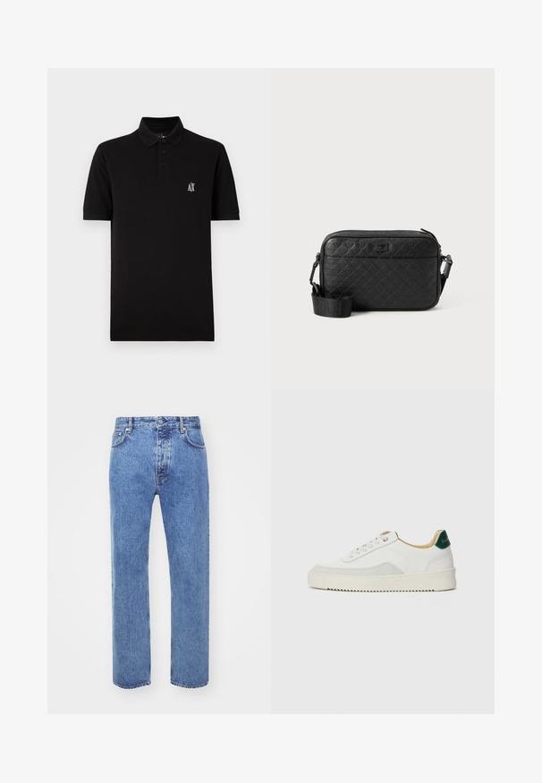 Sort polo-shirt lavet af blødt stof, har en knap-ned krave, korte ærmer, og et lille hvidt logo på venstre bryst.; Won Hundred STEVE - Jeans Relaxed Fit - cut blue; Hvide sneakers med ruskindsdetaljer, rund tå, flade snørebånd og en cremet gummisål. Har grøn branding på hælen.; Sort tekstureret crossover-taske med prægede geometriske mønstre og justerbar rem med brandlogo.