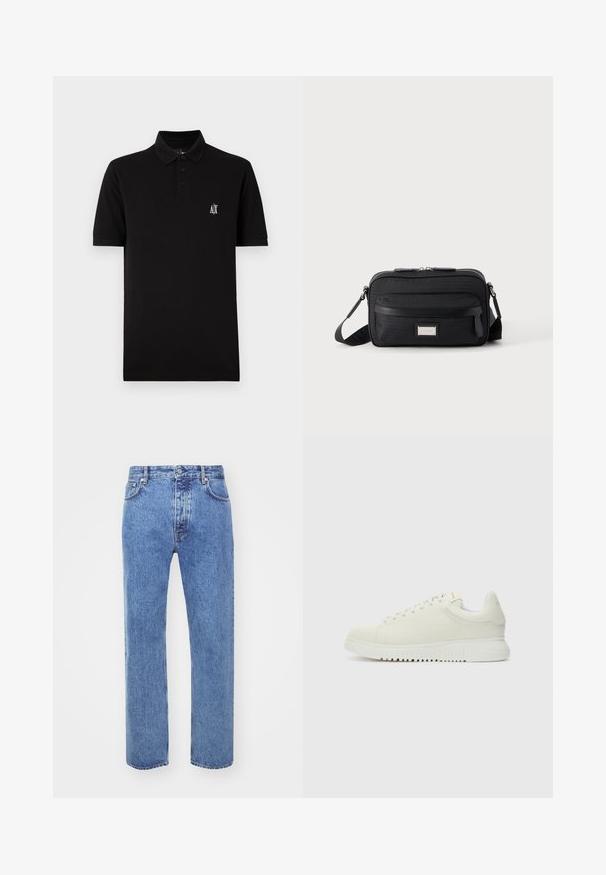 Must have pehmeast kangast must polo särk, millel on nööbid alla ja lühikesed varrukad, ning vasakul rinnal väike valge logo.; Won Hundred STEVE - Avar lõikega teksad - cut blue; Valge nahkne sneaker, millel on tekstureeritud pealmine osa, ümar varvas, lame valge talla ja tooni järgi seotud paelad. Disciple brändimine keelega.; Must ristmik ülakehaga kandekott ees oleva tõmblukuga tasku, reguleeritava rihma ja hõbedase ristküliku kujuga logoplaadiga ühevärvilisel taustal.