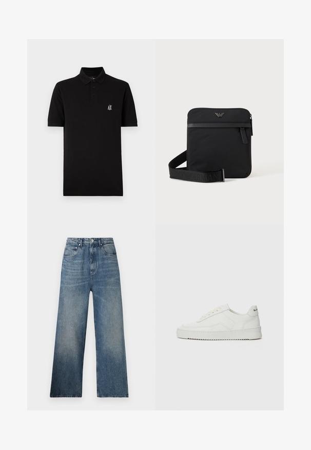 Must have pehmeast kangast must polo särk, millel on nööbid alla ja lühikesed varrukad, ning vasakul rinnal väike valge logo.; Sinine denimi lai jalaga püksid kõrge vöökohaga, millel on õrn pleekimine, viis taskut ja ees metallne nööp sulgemiseks.; Valge nahast tennis, millel on sile põhi, ümar varvas, lamedad nöörid ja tekstuuriline tall. Sisaldab diskreetset logo kontsaribal.; Must ruudukujuline õlakott tõmblukuga, esitasku ja reguleeritava rihmaga, millel on reljeefne kaubamärgi nimi.