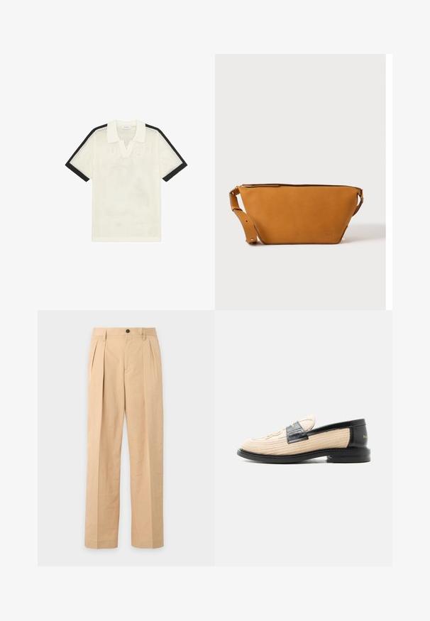 Polo en maille blanche à manches courtes avec bordure noire aux manches et col blanc uni, posé à plat sur un fond blanc.; Pantalon beige plissé avec fermeture bouton et zip, passants de ceinture et jambes droites larges.; Mocassin tissé beige avec bordure en cuir noir, bout arrondi, semelle noire et motif décoratif cousu sur la partie supérieure.; Sac bandoulière en cuir marron clair avec sangle réglable et fermeture éclair, présenté sur un fond clair uni.