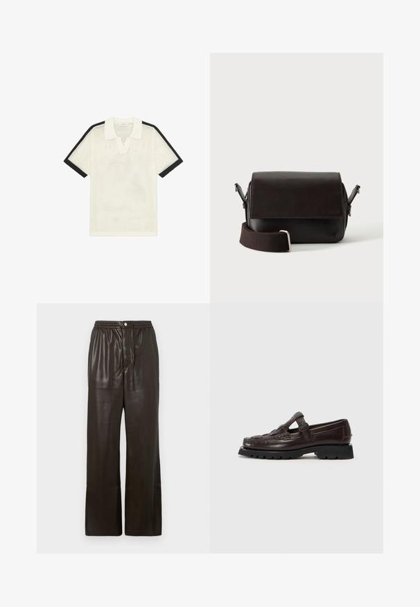 Polo en maille blanche à manches courtes avec bordure noire aux manches et col blanc uni, posé à plat sur un fond blanc.; Pantalon en simili cuir marron foncé avec une taille élastique, une fermeture à bouton à l'avant et des jambes droites larges.; Hereu SOLLER - Chaussons - dark brown; Sac bandoulière en cuir marron foncé avec fermeture à rabat et sangle en tissu réglable sur fond blanc.