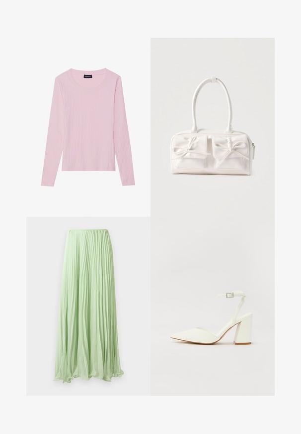 Lyserød langærmet ribbet top med rund halsudskæring og tætsiddende silhuet. Fremstillet af blødt, tekstureret stof. Minimalistisk design, ingen mønstre.; Lys grøn plisseret lang skirt lavet af let stof med elastisk talje, præsenteret mod en hvid baggrund.; Hvide hælede sandaler med spids tå, justerbar ankelrem og en kraftig firkantet hæl. Glat tekstur med minimale syninger.; Hvid syntetisk håndtaske med to forlommer, hver med en bundet sløjfedetalje. Glat tekstur, afrundede håndtag og lynlås lukning.