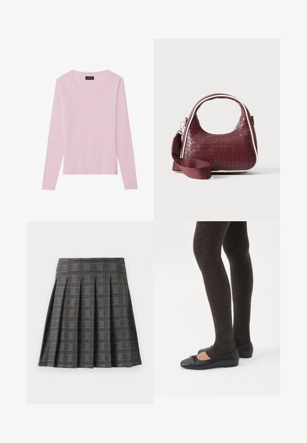 Svetloružový dlhý rukáv ribbed top s okrúhlym výstrihom a priliehavým strihom. Vyrobené z mäkkej, textúrovanej tkaniny. Minimalistický dizajn, bez vzorov.; Plisovaná sukňa v šedej kockovanej sade, vyrobená z textúrovanej látky. Má vertikálne plisovanie a rovný lem.; Nohy v tmavých pásikavých legínach v kombinácii s čiernymi balerínkami s malými mašličkami na bielom pozadí.; Vínová tkaná kožená kabelka s oblým držadlom, bielym lemom, strieborným zipsom a odnímateľným širokým látkovým ramenným popruhom na jednofarebnom pozadí.