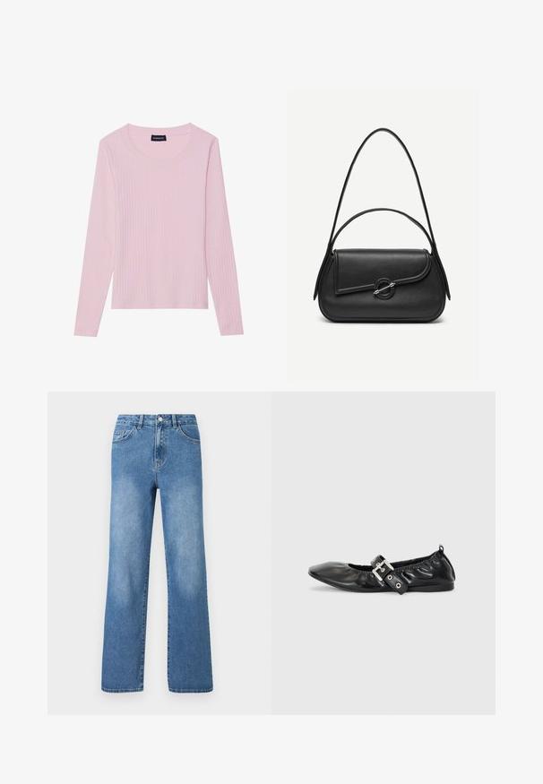 Haut à manches longues côtelé rose pâle avec un col rond et une silhouette ajustée. Fabriqué en tissu doux et texturé. Design minimaliste, sans motifs.; Jeans en denim bleu clair avec une taille haute, un design à jambes larges, cinq poches et des détails de couture visibles. Texture lisse avec un léger délavage.; Chaussure plate en cuir noir avec un nez pointu, des détails froncés autour de l'ouverture et un accent en boucle argentée sur la bride ajustable.; Sac à main en cuir noir avec bords arrondis, rabat asymétrique, fermoir circulaire en métal, et des bandoulières courtes et longues.