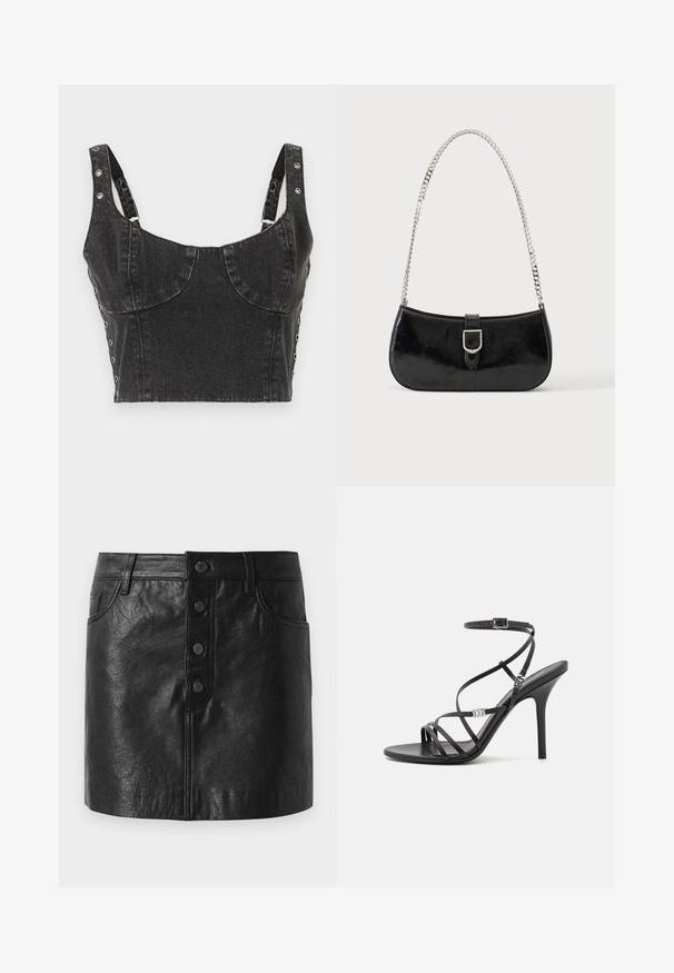 Ksubi DAUPHINE BUSTIER SHADOW - Débardeur - black; Jupe en cuir noir avec une taille haute, fermeture à bouton sur le devant, deux poches latérales et une forme légèrement évasée. Fini texturé.; Sandale noire à talons hauts avec des brides fines, une boucle à la cheville, une surface en cuir lisse et un talon aiguille élancé.; Sac à épaule en cuir verni noir avec détail de boucle argentée et bandoulière en chaîne argentée, présenté sur un fond uni clair.