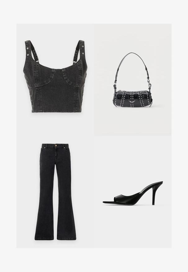 Ksubi DAUPHINE BUSTIER SHADOW - Débardeur - black; Jean en denim noir évasé avec cinq poches, une fermeture à bouton à l'avant et des coutures en contraste. Le tissu a une texture lisse.; Mule à talon haut en cuir noir à bout ouvert avec un talon stiletto fin, vue de profil sur un fond uni.; Sac d'épaule en cuir verni noir orné de clous argentés disposés en rangées verticales et d'un petit emblème d'oiseau argenté au centre devant.