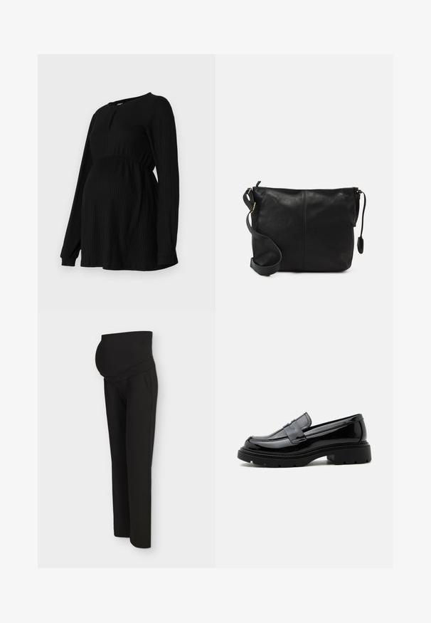 Top de maternidad negro con mangas largas, textura acanalada, cintura elástica y cuello redondo con un pequeño detalle en forma de llave en la parte frontal.; Pantalones de maternidad negros con cintura elástica alta, diseñados para ajustarse cómodamente sobre una barriga de embarazada, mostrados sobre un fondo claro.; Mocasín de cuero negro brillante con suela gruesa de tacos y tira tipo "penny", mostrado de perfil sobre un fondo blanco liso.; Bolso cruzado de cuero negro con forma plana, acentos de hardware dorado y correa ajustable. Textura suave con detalles de costura mínimos.
