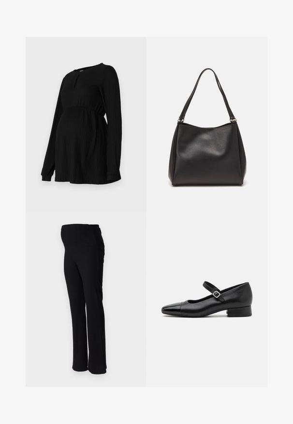 Zwarte zwangerschapsblouse met lange mouwen, geribbelde textuur, elastische tailleband en een ronde hals met een kleine sleutelgatdetail aan de voorkant.; ONLY MATERNITY OLMHALLE - Broek - black; Zwarte leren Mary Jane schoenen met een gepatenteerde neus, verstelbare enkelband en lage blokhak. Een gladde textuur en een elegante uitstraling.; Zwarte synthetische leren handtas met een zachte textuur, hobo-vorm en dubbele schouderbanden; heeft een glanzende afwerking en een minimalistisch ontwerp.