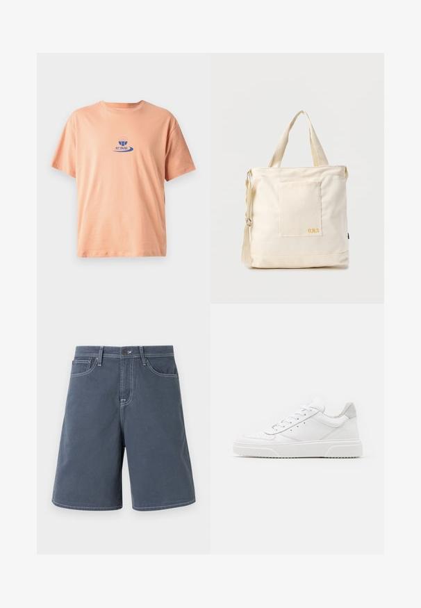 ferskenfarvet bomulds t-shirt med korte ærmer, en rund halsudskæring og et blåt trykt logo med et paddeldesign og teksten "NY PADEL."; Mørkeblå shorts lavet af bomuld med hvid stikning, fem lommer og en knaplukning i taljen. Lige ben-design, minimal detaljer.; Hvide lædersneakers med en glat finish, rund tå, flade snørebånd og en struktureret sål. Grå ruskindsdetalje ved hælen.; Kremfarvet lærredstote-taske med frontlomme, to håndtag, justerbar skulderrem og lille gul "O.N.S" tekst i nederste højre hjørne af lommen.