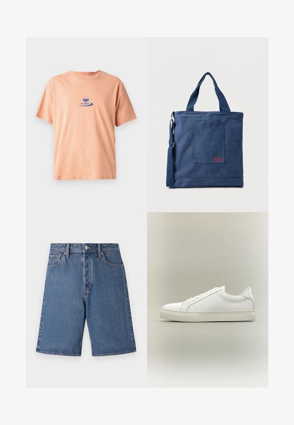 ferskenfarvet bomulds t-shirt med korte ærmer, en rund halsudskæring og et blåt trykt logo med et paddeldesign og teksten "NY PADEL."; Denimshorts i lyseblå med en falmet tekstur, fem-lomme design og en knaplukning ved taljen.; Hvid lavtop sneaker med snørebånd foran og tyk sål, vist fra siden mod en neutral baggrund.; Blå lærredstote taske med frontlomme og rød "O.N.S" broderi, med to håndtag og en justerbar skulderrem.