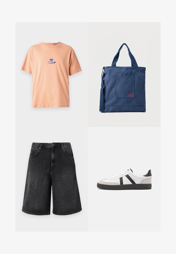 Perzikkleurig katoenen t-shirt met korte mouwen, een ronde hals en een blauw bedrukt logo met een peddelontwerp en de tekst "NY PADEL."; Zwarte denim shorts met een brede, rechte snit, voorzien van een knoopsluiting aan de voorkant en vijf zakken. Zachte textuur met een vervaagd uiterlijk.; Witte sneaker met zwarte en grijze accenten, voorzien van een grijze neus met textuur, zwarte rubberen zool en platte witte veters. Schoon ontwerp, minimalistische stijl.; Blauwe canvas tas met voorvak en rode "O.N.S" borduring, voorzien van dubbele handvatten en een verstelbare schouderriem.