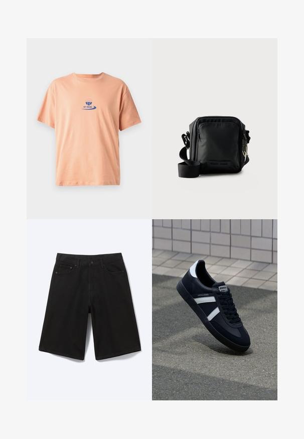Perzikkleurig katoenen t-shirt met korte mouwen, een ronde hals en een blauw bedrukt logo met een peddelontwerp en de tekst "NY PADEL."; Zwarte denim short tot op de knie met voorste knoop, riemlussen en vijf zakken, afgebeeld tegen een witte achtergrond.; Zwarte leren sneaker met witte strepen, een gestructureerde rubberen zool en vetersluiting aan de voorkant. Voorzien van een merklabel op de tong.; Zwarte compacte crossbodytas met voorvak met rits, verstelbare riem en gestructureerde stof tegen een effen achtergrond.