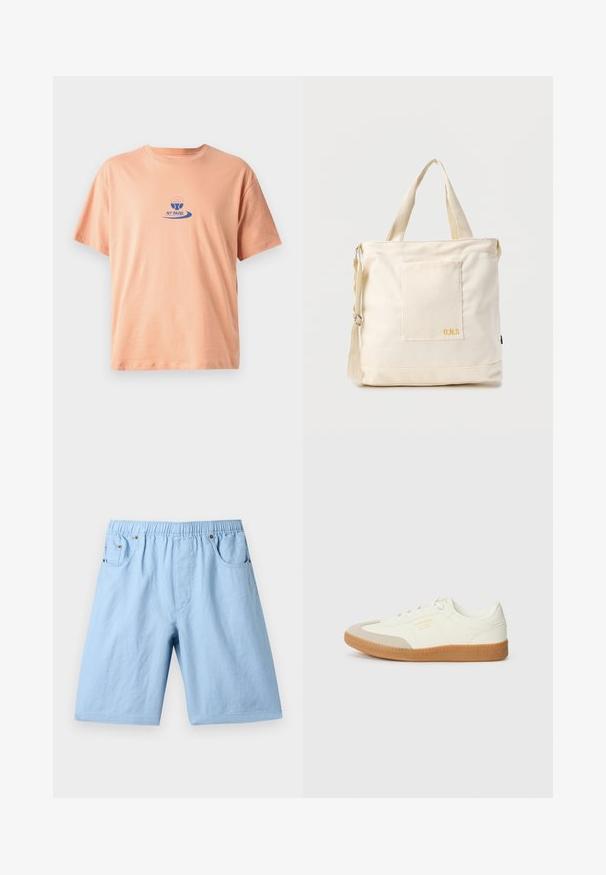 Perzikkleurig katoenen t-shirt met korte mouwen, een ronde hals en een blauw bedrukt logo met een peddelontwerp en de tekst "NY PADEL."; Lichtblauwe shorts met een elastische tailleband, twee voorkruimels en een gladde textuur. Gemaakt van een zachte stof, geschikt voor casual gebruik.; Schoen gemaakt van wit leer met een beige teenkap en een lichtbruine rubberen zool. Voorzien van platte witte veters en reliëfbranding aan de zijkant.; Crèmekleurige canvas boodschappentas met voorvak, twee handvatten, verstelbare schouderriem en kleine gele "O.N.S" tekst rechtsonder op het vak.