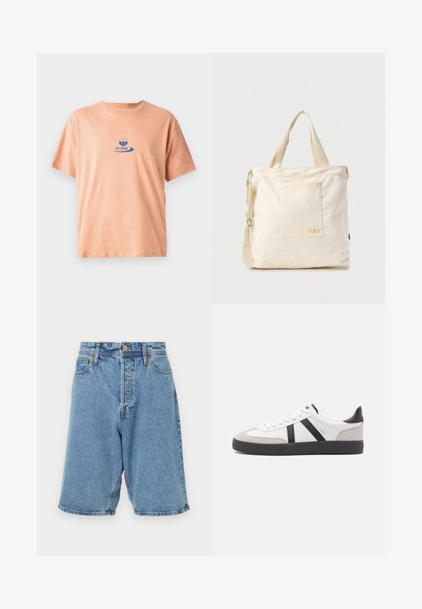 ferskenfarvet bomulds t-shirt med korte ærmer, en rund halsudskæring og et blåt trykt logo med et paddeldesign og teksten "NY PADEL."; Lysblå denimshorts med en falmet tekstur. Har en frontlukning med knap, bæltestropper og sidelommer. Kraftig syning som accent.; Hvide sneakers med sorte og grå detaljer, med en tekstureret grå tåhætte, sort gummisål og flade hvide snørebånd. Rent design, minimalistisk stil.; Kremfarvet lærredstote-taske med frontlomme, to håndtag, justerbar skulderrem og lille gul "O.N.S" tekst i nederste højre hjørne af lommen.
