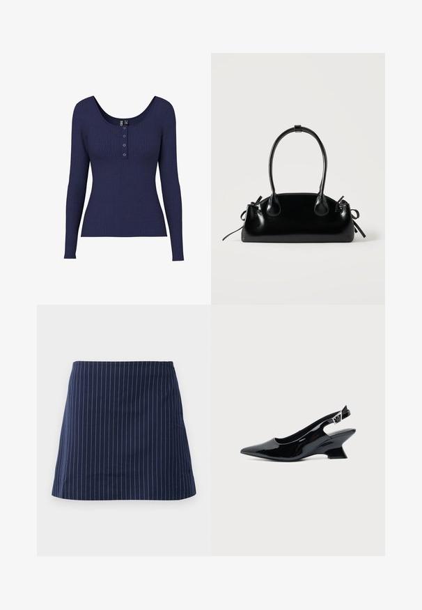 T-shirt bleu marine à manches longues en ribbed avec un col dégagé et une patte de boutonnage comportant trois boutons métalliques au centre.; Jupe bleu marine avec de fines rayures verticales blanches et une coupe droite au-dessus du genou, présentée sur un fond blanc uni.; Chaussure slingback en cuir verni noir avec bout pointu et petit talon bloc incliné sur fond clair uni.; Petit sac à main noir brillant avec deux longues anses et des détails à cordon sur les côtés sur un fond clair uni.