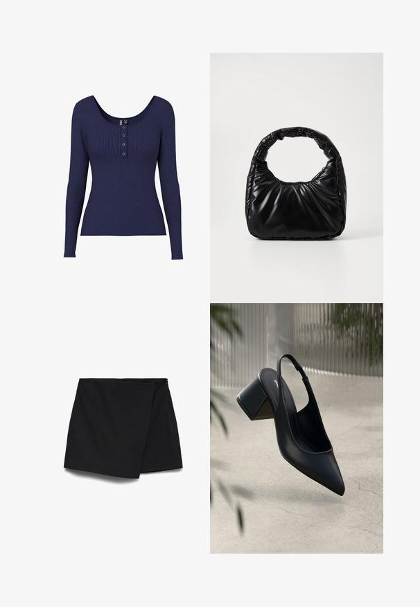 Marineblå ribbet langærmet top med en rund halsudskæring og en knapstolpe med tre metalliske knapper i midten.; Sort asymmetrisk mininederdel med indpakningsfront og sidelukning med lynlås.; Sort læder slingback hæl med spids tå og blokhæl. Glat tekstur, minimalistisk design og justerbar ankelrem.; Sort polstret håndtaske med et rundt håndtag, der har en glat, skinnende overflade og en blød, kviltet tekstur. Ingen synlige hardware eller accenter.