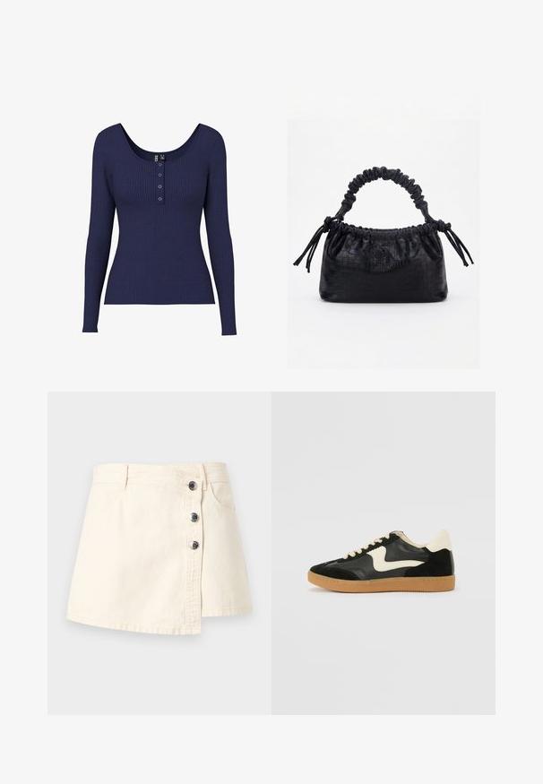 Marineblå ribbet langærmet top med en rund halsudskæring og en knapstolpe med tre metalliske knapper i midten.; Mini nederdel i cremefarvet denim med asymmetrisk knaplukning, bæltestropper og forlommer.; Sorte ruskinds- og lædersneakers med en cremefarvet side-swoosh og lys cremefarvet hæl. Har beige snørebånd og en gummirubber-sål.; Sort taske med krokodilletekstur, rynket øverste kant, samlet hank og snore med kvaster på hver side mod en hvid baggrund.