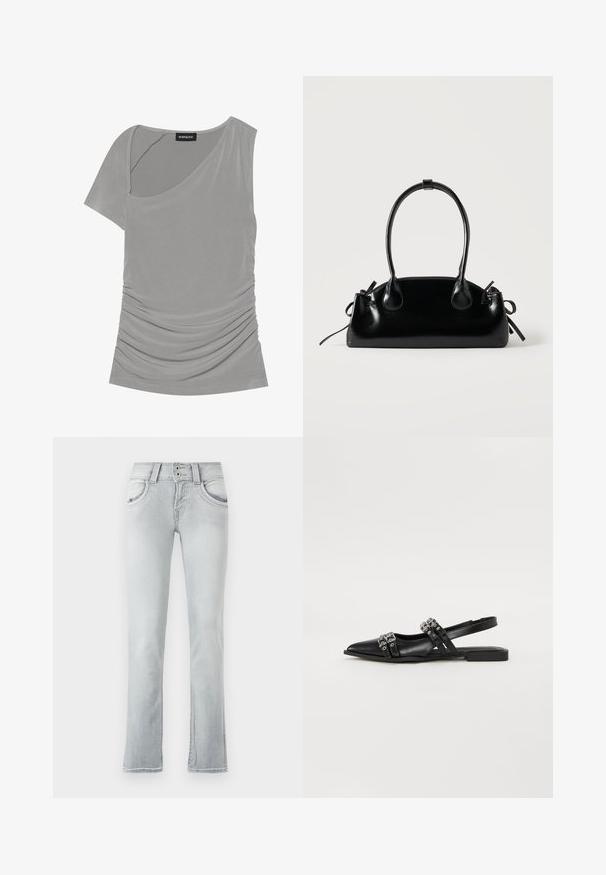 Haut gris à manches courtes avec un design asymétrique, texture froncée sur le côté et un col rond. Fabriqué en matériau doux et extensible.; Jeans en denim bleu clair avec une coupe évasée, comprenant deux poches avant, une fermeture à bouton avec deux boutons, et des détails légèrement décolorés.; Even&Odd by Zalando Ballerines à brides arrière - black; Petit sac à main noir brillant avec deux longues anses et des détails à cordon sur les côtés sur un fond clair uni.