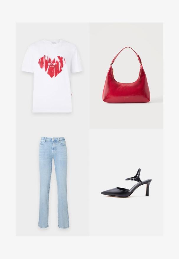 Witte katoenen t-shirt met een grote rode hartafbeelding en de tekst "JOOP! JEANS" in het midden. Korte mouwen en een ronde hals.; Lichtblauwe high-waisted straight-leg jeans met een sluiting met knoop en rits aan de voorkant, vijf zakken en subtiele vervaagde details.; Zwarte pumps met spits toelopende neus, dunne enkelriem en zilveren gesp, glad lederen afwerking, elegante damesschoen.; Rode leren schoudertas met gouden rits en verstelbare band, Calvin Klein-logo gecentreerd aan de voorkant.