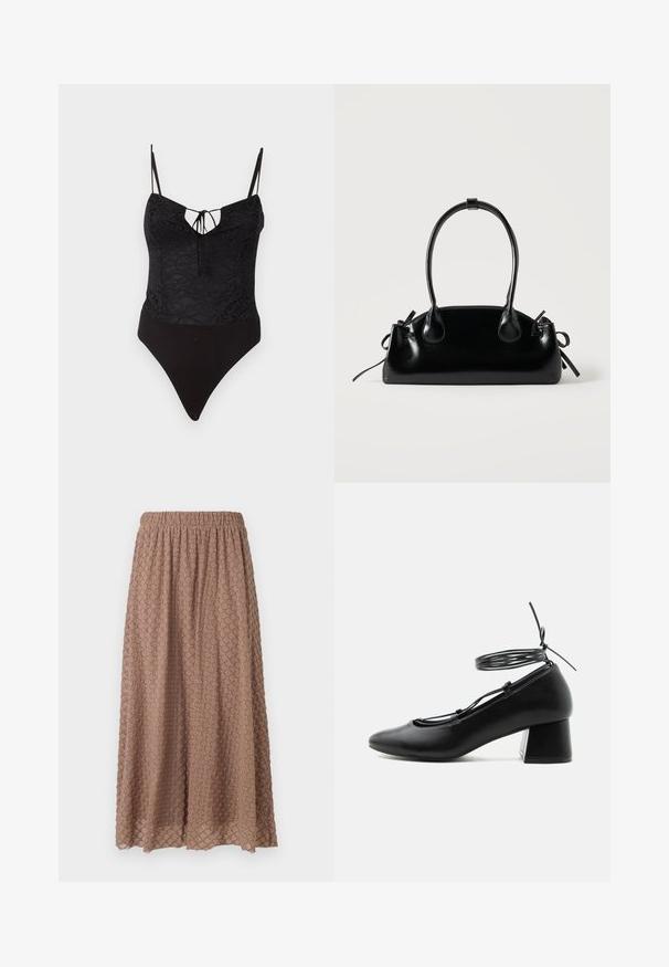 Bodysuit noir en tissu dentelle sur le dessus, avec un décolleté en V et un détail à nouer, des fines bretelles ajustables et une coupe haute.; Jupe marron, longueur genou avec une ceinture élastique, tissu texturé présentant un motif en losange dans une tonalité plus claire, légère et fluide.; Chaussure en cuir noir à talon moyen, bout pointu, brides croisées et lien de cheville autour sur fond blanc.; Petit sac à main noir brillant avec deux longues anses et des détails à cordon sur les côtés sur un fond clair uni.