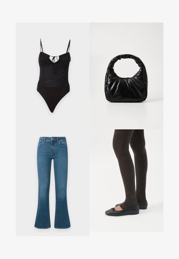 Bodysuit noir en tissu dentelle sur le dessus, avec un décolleté en V et un détail à nouer, des fines bretelles ajustables et une coupe haute.; Jean en denim bleu évasé avec une taille mi-haute, design à cinq poches et un subtil détail de couture. Texture lisse avec un lavage classique.; Jambes portant des leggings côtelés foncés associés à des ballerines noires avec de petits détails en nœud sur fond blanc.; Sac à main noir rembourré avec une poignée arrondie, présentant une surface lisse et brillante ainsi qu'une texture douce et matelassée. Pas de quincaillerie ou d'accents visibles.