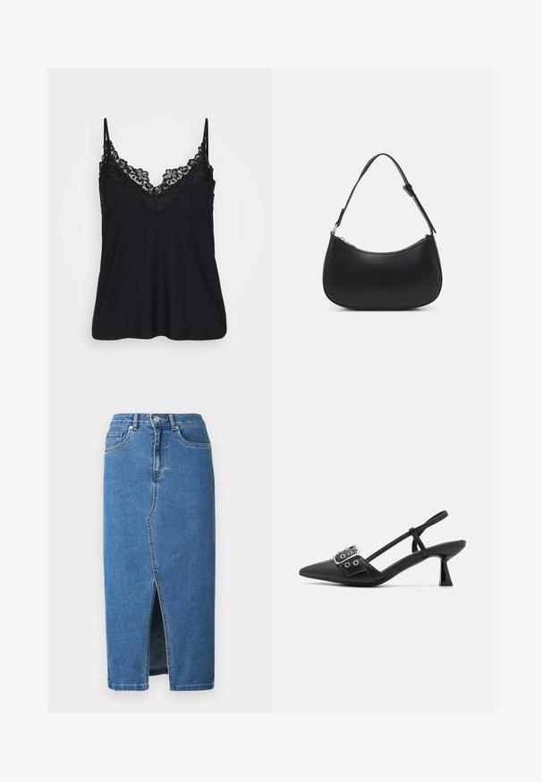 Zwarte camisole met kant langs de halslijn en de bandjes; zachte stof met een vloeiende ontwerp voor een relaxte pasvorm.; Denim midi-rok in blauw. Voorzien van een voorsplit, een hoge tailleband en een ontwerp met vijf zakken. Klassieke stiksels en metalen hardware accenten.; Simmi London DALA - Klassieke pumps - black; Pieces PCALUANA SHOULDER BAG - Handtas - black