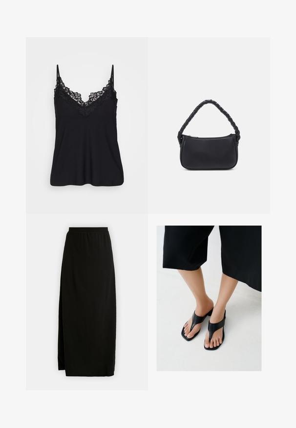 Camiseta negra sin mangas con encaje en el escote y en las tirantes; tejido suave con un diseño fluido para un ajuste relajado.; Sofisticada falda maxi negra hecha de material de jersey suave, con una cinturilla elástica y una abertura lateral para mayor facilidad de movimiento.; Pies con sandalias de tacón negras de punta cuadrada y tiras anchas, combinadas con pantalones negros cortos sobre un suelo claro.; Bolso negro de forma redondeada, hecho de material liso. Presenta un asa trenzada y un cierre de cremallera para un almacenamiento seguro.