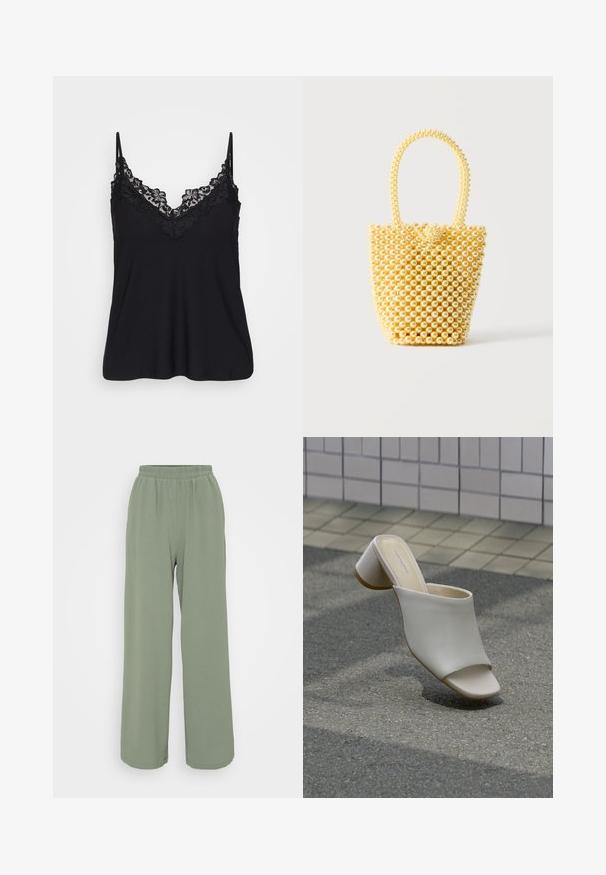 Camiseta negra sin mangas con encaje en el escote y en las tirantes; tejido suave con un diseño fluido para un ajuste relajado.; Pantalones de pierna ancha en verde claro, con cintura elástica, hechos de una tela texturizada. Presentan un suave drapeado y un ajuste relajado.; Un zapato mule blanco abierto en la punta con tacón ancho sobre suelo pavimentado cerca de una pared de azulejos, inclinado para mostrar vistas lateral y superior.; Bolso pequeño estilo bolso cubo hecho de cuentas brillantes de color crema con asa de cuentas en forma de lazo y cierre decorativo con nudo de cuentas.
