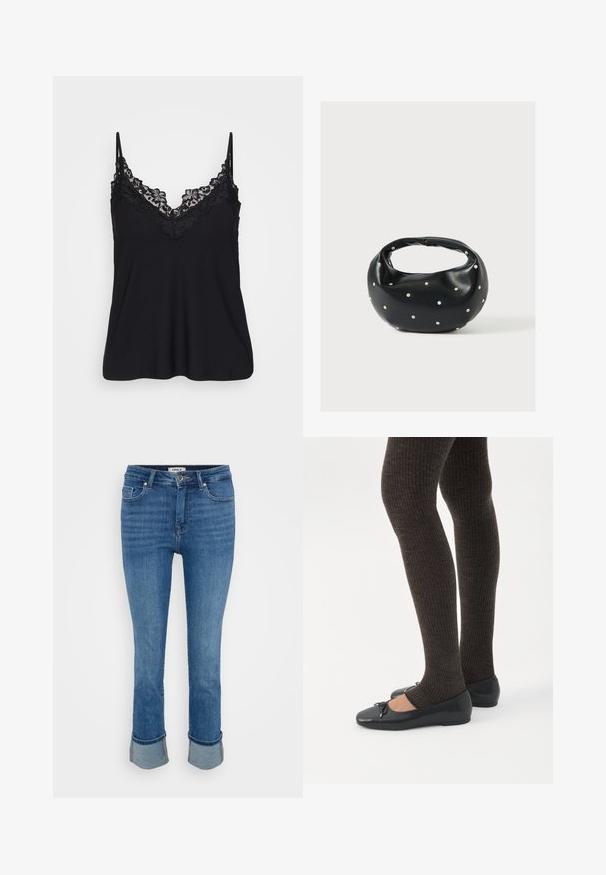 Camiseta negra sin mangas con encaje en el escote y en las tirantes; tejido suave con un diseño fluido para un ajuste relajado.; Jeans de mezclilla azul con bolsillos frontales, cierre de botón y puños enrollados sobre un fondo claro y liso.; Piernas con leggings oscuros acanalados combinados con bailarinas negras que presentan pequeños detalles de lazo sobre un fondo blanco.; Bolso de mano de cuero negro con forma redondeada, decorado con detalles de tachuelas plateadas y un asa corta. Textura lisa y cierre con cremallera.