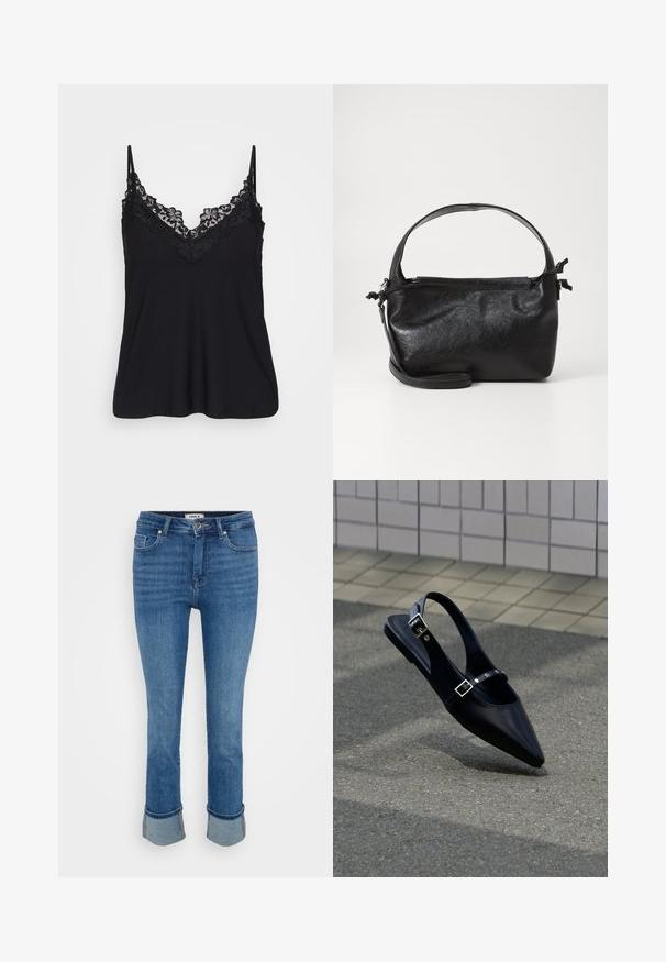 Sort camisole med blondekant langs udskæringen og stropperne; blødt stof med et flydende design for en afslappet pasform.; Blå denim jeans med forlommer, knaplukning og oprullede bukseben på en ensfarvet lys baggrund.; Sort flad slingback med spids tå og dobbelte spænder, hvilende på grå asfalt nær flisevæg.; Sort læderhåndtaske med et struktureret design, rund tophåndtag og aftagelig skulderrem. Den har en glat tekstur og en subtil glans.