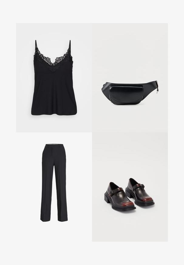 Camiseta negra sin mangas con encaje en el escote y en las tirantes; tejido suave con un diseño fluido para un ajuste relajado.; Pantalones negros de cintura alta con corte recto. Fabricados en una tela suave, con pliegues delanteros y bolsillos laterales.; Zapatos de piel con tacón bloque en un acabado burdeos oscuro brillante, con una tira de hebilla y diseño de punta redondeada. Suela texturizada para agarre.; Riñonera negra de cuero sintético con un bolsillo frontal de solapa y correa ajustable con cierre de cremallera.