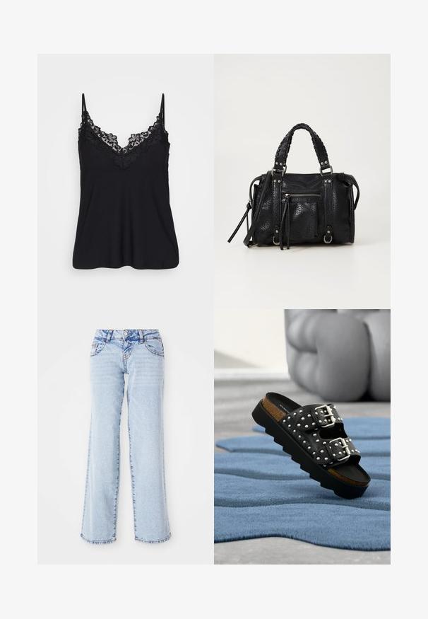 Camiseta negra sin mangas con encaje en el escote y en las tirantes; tejido suave con un diseño fluido para un ajuste relajado.; Vaqueros de mezclilla azul claro con un corte relajado, piernas rectas y un ligero desgaste. Cuenta con cinco bolsillos y trabillas para cinturón. Detalle de dobladillo desgastado.; Sandalia negra tipo chancla con doble hebilla plateada, diseño con tachuelas, plantilla de corcho y suela gruesa de plataforma negra sobre una alfombra azul texturizada.; Bolso de mano de imitación cuero negro texturizado con asas trenzadas, detalles en hardware plateado y un bolsillo con cremallera en la parte frontal. Diseño compacto con correa para el hombro desmontable.