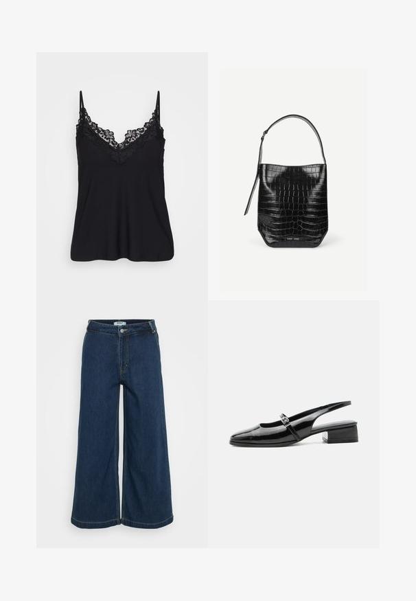 Camiseta negra sin mangas con encaje en el escote y en las tirantes; tejido suave con un diseño fluido para un ajuste relajado.; Pantalones de mezclilla de pierna ancha en azul oscuro. Cuenta con un cierre de botón, cinco bolsillos, costuras ligeras y una textura suave.; Zapato slingback de charol negro con tacón bajo y grueso y una fina correa con hebilla de plata en la parte superior.; Bolso tipo saco de piel negra con relieve de cocodrilo, con una sola correa para el hombro y un pequeño logo de la marca en plata en el centro inferior frontal.