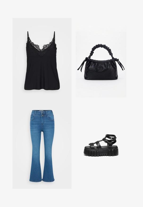 Sort camisole med blondekant langs udskæringen og stropperne; blødt stof med et flydende design for en afslappet pasform.; Blå denim flared jeans med høj talje, to-knaps lukning og diskret falmning. Klassisk fem-lomme design, glat tekstur.; Sorte platform sandaler har lagdelte stropper og spænde detaljer, med en chunky, struktureret sål og et glat fodsengdesign.; Sort taske med krokodilletekstur, rynket øverste kant, samlet hank og snore med kvaster på hver side mod en hvid baggrund.