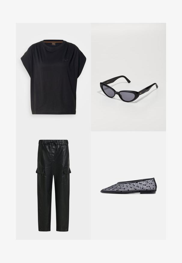 T-shirt noir à manches courtes en tissu doux ; présente un col rond et un détail subtil du logo 'BOSS' sur le devant.; Pantalon cargo noir en similicuir avec taille élastique, cordon de serrage et poches à rabat des deux côtés.; Chaussure plate noire à bout pointu, en tissu transparent avec un motif à pois noirs sur un fond clair.; Des lunettes de soleil noires en forme d'œil de chat avec des verres foncés. Fabriquées en plastique brillant, présentant un subtil accent doré sur la branche. Texture lisse et forme audacieuse.