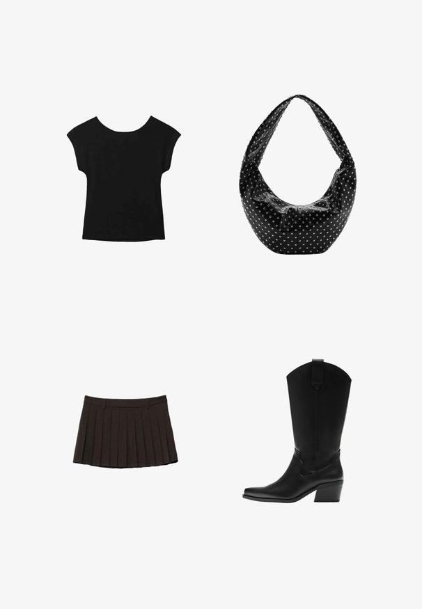 Haut noir à manches courtes avec un large col et une coupe ample. Fabriqué en tissu doux sans motifs ni embellissements visibles.; Mini-jupe plissée noire avec passants de ceinture et ceinture structurée sur fond blanc.; Botte western en cuir noir mi-mollet avec bout pointu et talon bloc superposé, avec languette de tirage et coutures décoratives discrètes.; Sac à main en cuir noir à la forme souple, orné de clous en argent et doté d'une large bandoulière. Texture lisse avec un design froncé.