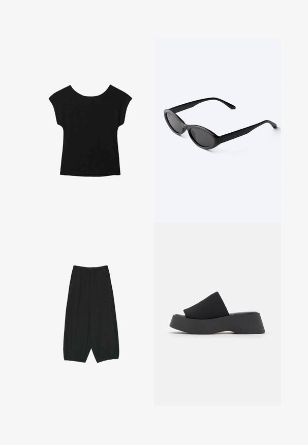 Haut noir à manches courtes avec un large col et une coupe ample. Fabriqué en tissu doux sans motifs ni embellissements visibles.; Pantalon large noir ample avec taille et poignets élastiqués, doté de poches latérales et d'une coupe décontractée.; Call it Spring VENISE B.E.D FOAM - Mules à talons - black; Lunettes de soleil ovales noires et élégantes avec des verres foncés et des branches droites, posées sur une surface blanche.