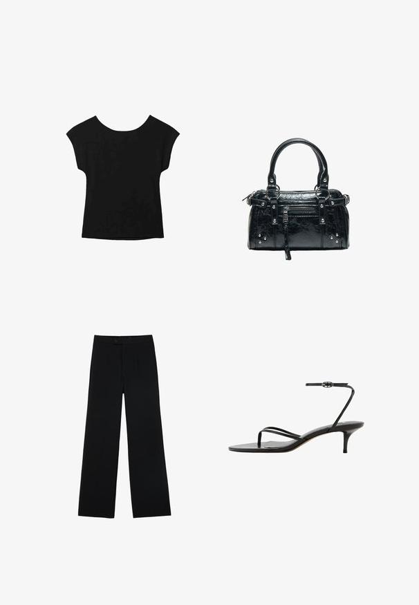 Haut noir à manches courtes avec un large col et une coupe ample. Fabriqué en tissu doux sans motifs ni embellissements visibles.; Pantalons noirs à jambes larges en tissu lisse, dotés d'une fermeture à bouton à l'avant et de deux plis pour un détail supplémentaire. Design ajusté dans l'ensemble.; Sandale noire à brides fines avec boucle fine à la cheville, boucle pour l’orteil et talon kitten fin de hauteur moyenne sur fond blanc.; Sac à main en cuir noir avec deux poignées, poche avant zippée, clous argentés et surface texturée isolée sur fond blanc.